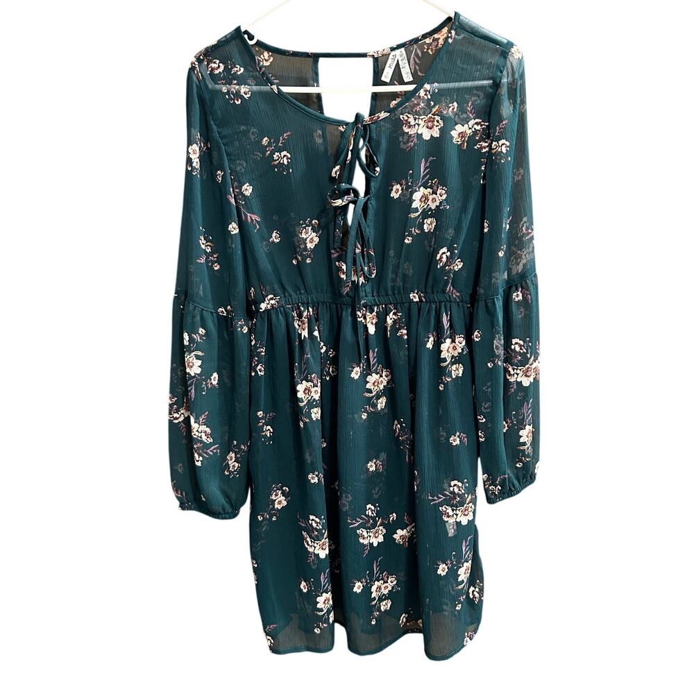Mudd Sheer Tie Front Dress Dark Teal Floral Long Sleeve